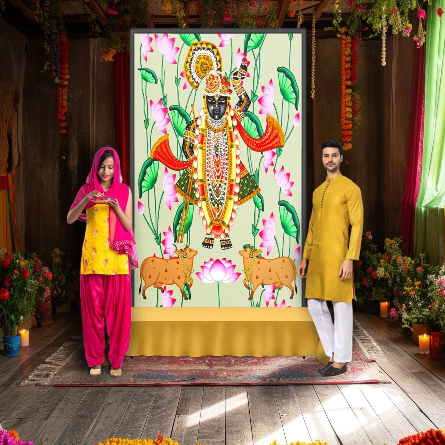 Krishna with Cow Backdrop Indian Traditional Cloth 5x8 Feet Backdrop Pooja Wall Decor Indian Wall Art Photo Decor Banner Indian Wedding Favor Decorative Pooja Cloth