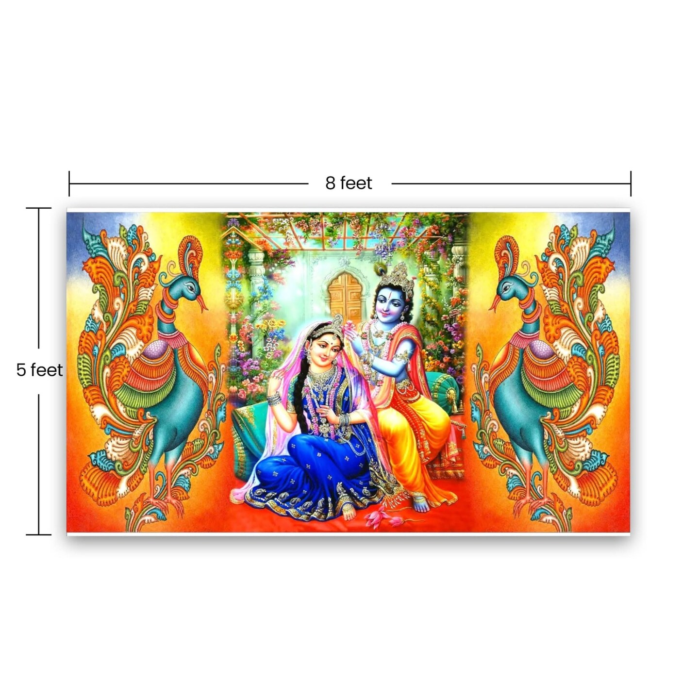 Radha Krishna with Peacock Backdrop Indian Traditional Cloth 5x8 Feet Backdrop Indian Janmashtami Decor Pooja Wall Decor Indian Wall Art Photo Decor Banner Decorative Pooja Cloth