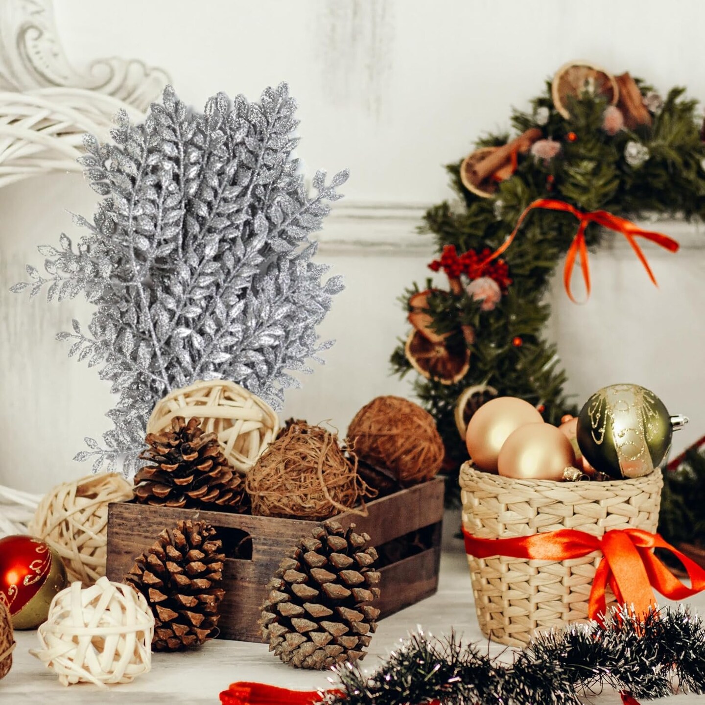 2PC Silver Glitter Ash Leaf Spray &#x2013; 17&#x22; Artificial Christmas Tree Picks