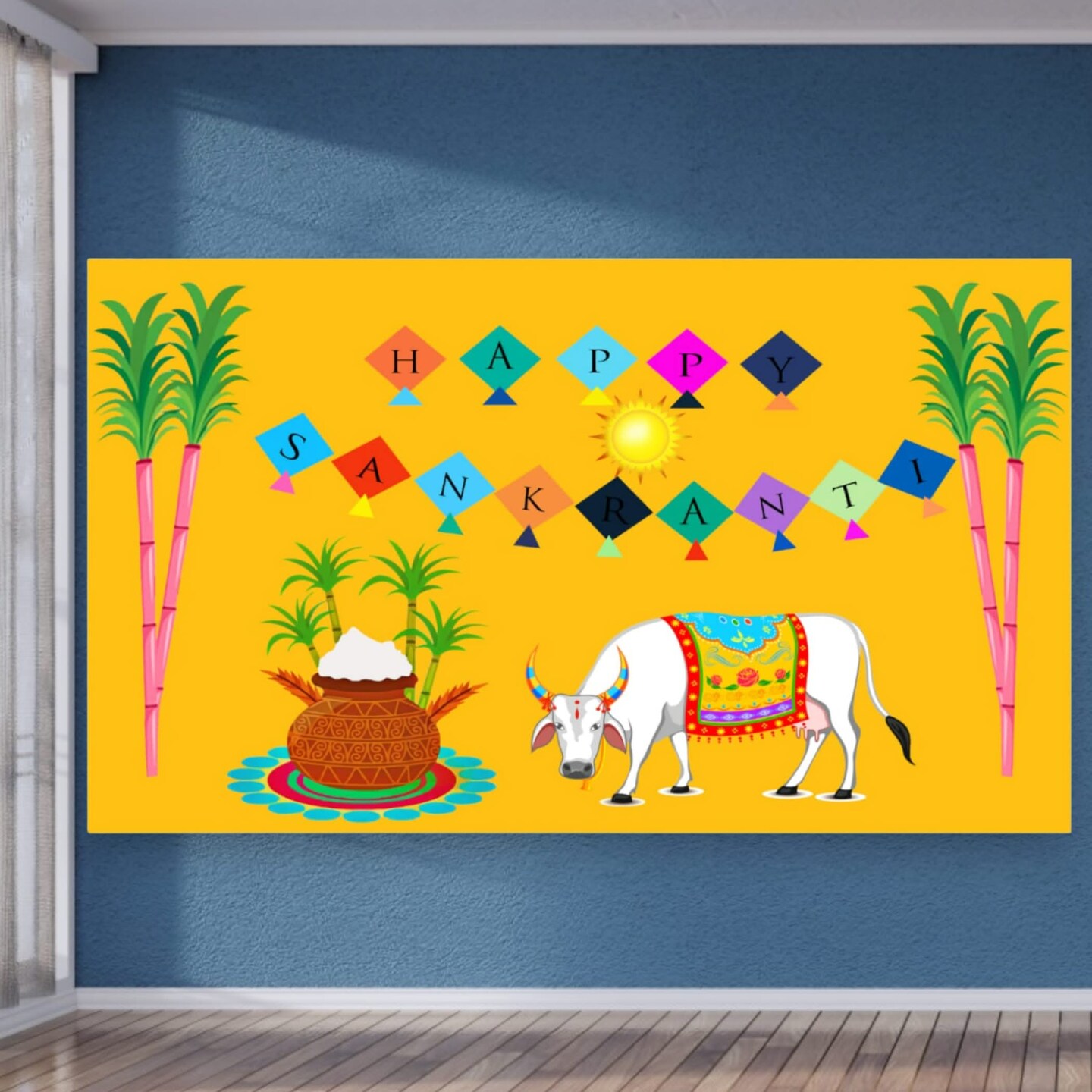 Happy Makar Sankranti Backdrop Banner - Sankranthi Decor Indian Harvest Festival Background Holiday Banner Wall Background Sankranti Party Celebration Decorations Photo Props