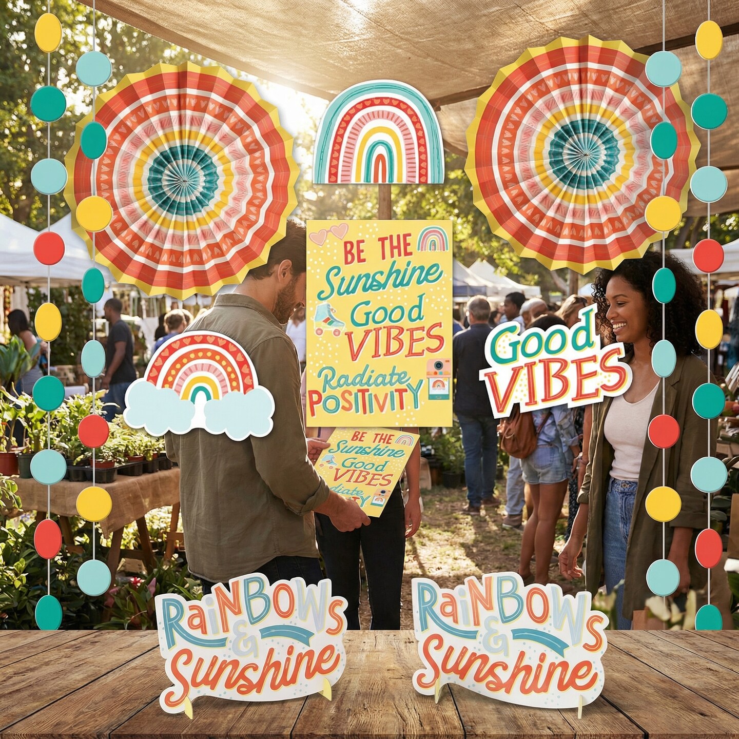 Rainbow Retro Party Decorations Kit, 12-Piece Vibrant Paper Hanging Décor Set for Birthdays & 70s/80s Theme Parties