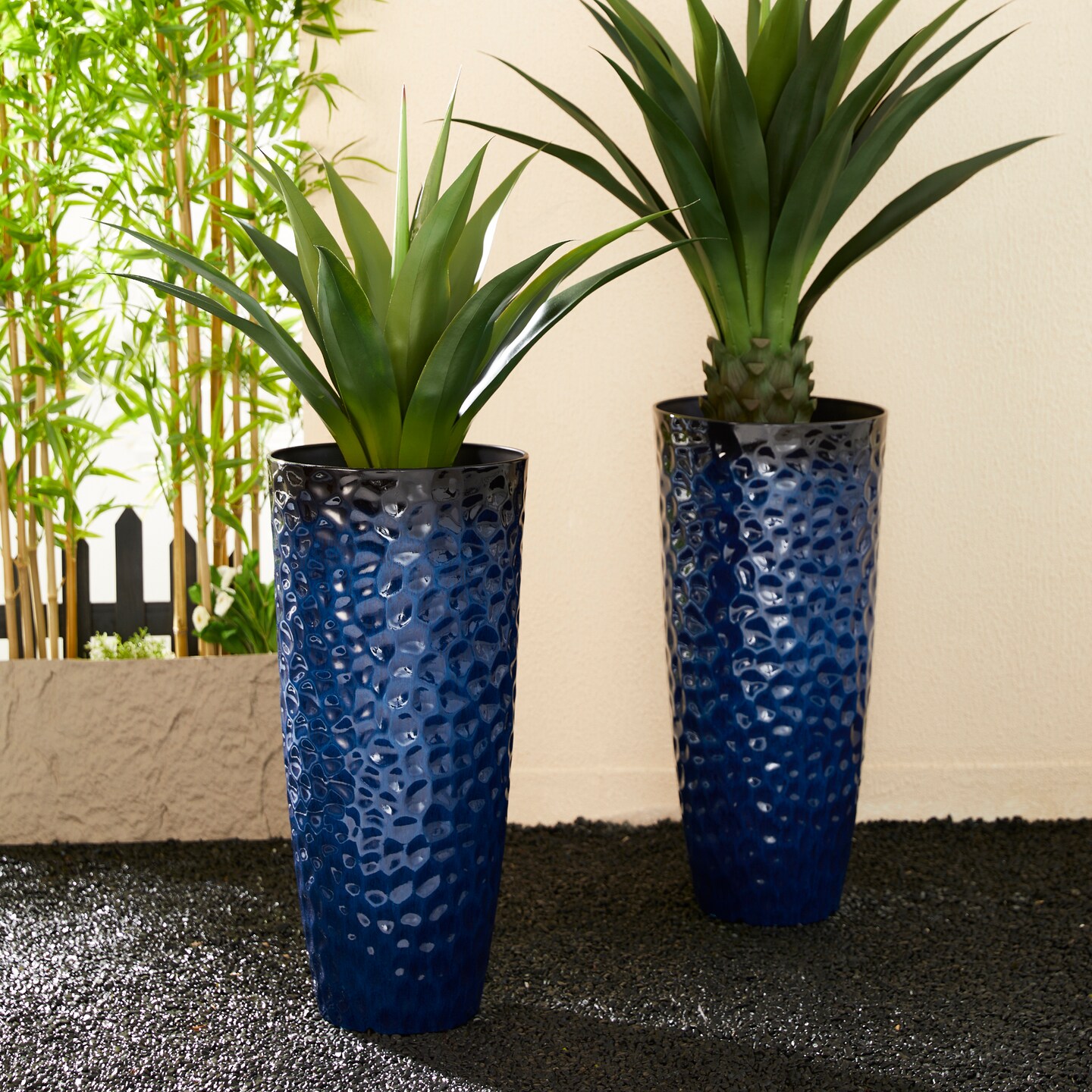 31"H Set of 4 Oversized Honeycomb Textured Cobalt Blue Tall Plastic Planter