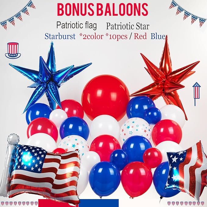 Patriotic Red White and Blue Balloon Garland Kit 119 pcs with Star print Patriotic Flag mylar Balloons for 4th of july independent Day Veterans Day Memorial day Labor day decorations