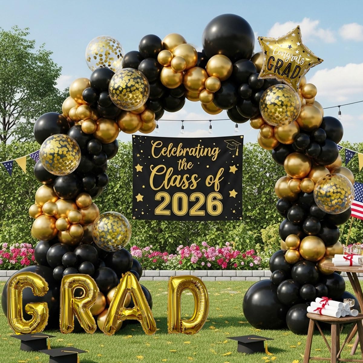 Graduation Balloon Arch Kit - 115Pcs Black Gold Graduation Balloon Garland with GRAD Letters and Star Foil Balloons for Class of 2026 Grad Prom Party Decor