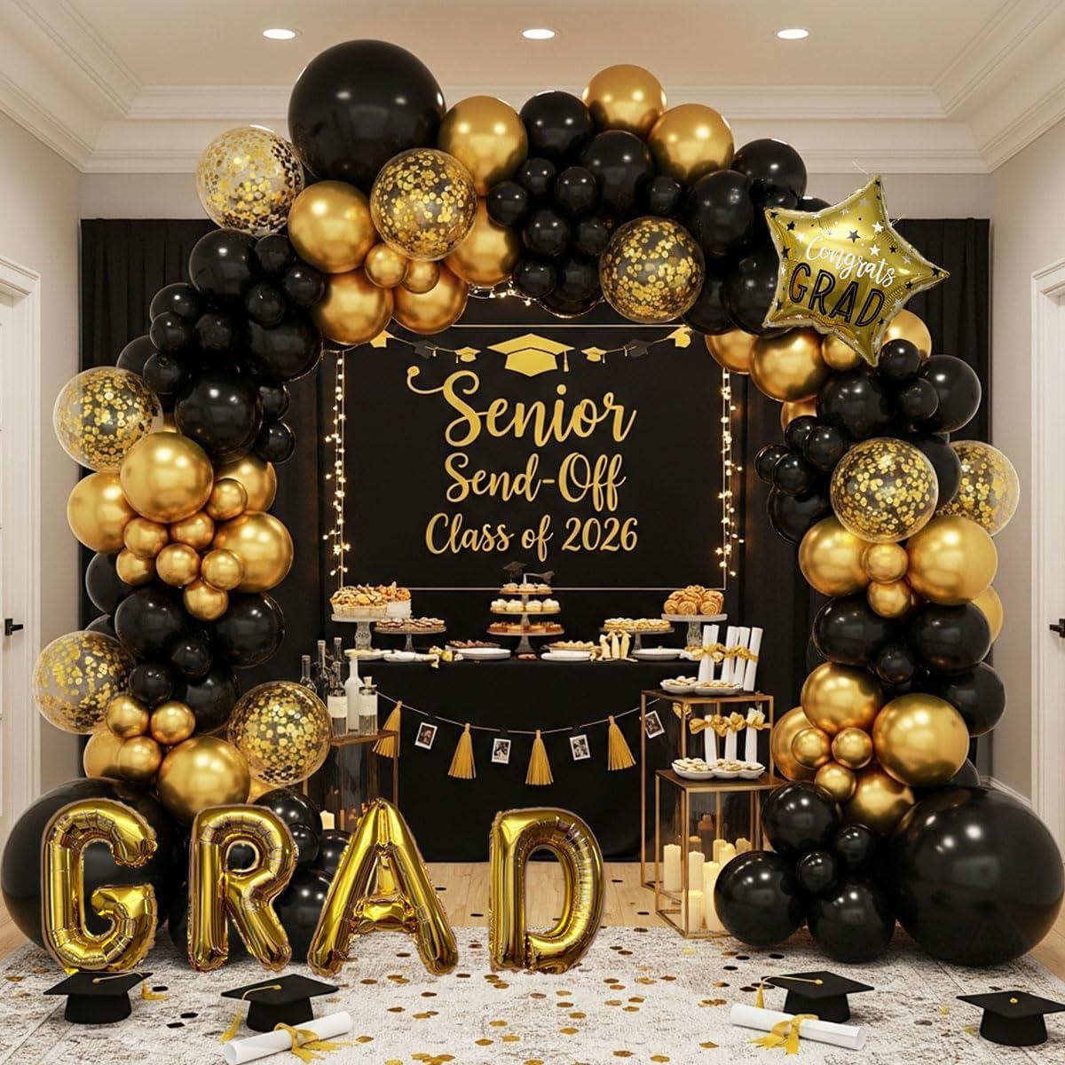 Graduation Balloon Arch Kit - 115Pcs Black Gold Graduation Balloon Garland with GRAD Letters and Star Foil Balloons for Class of 2026 Grad Prom Party Decor