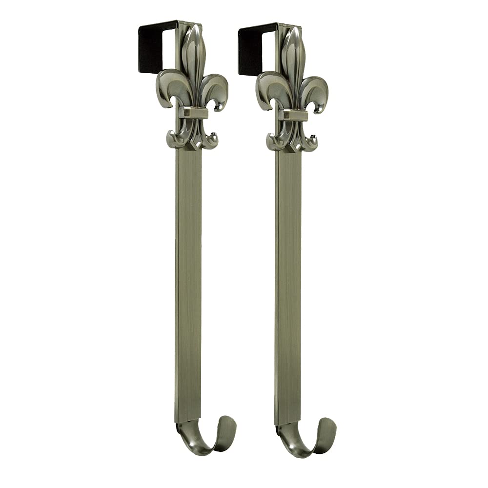 Haute Decor Adapt Adjustable Length Wreath Hanger with Removable Icon (2-Pack - Antique Brass - Fleur de lis) - 2 Over The Door Metal Wreath Hooks