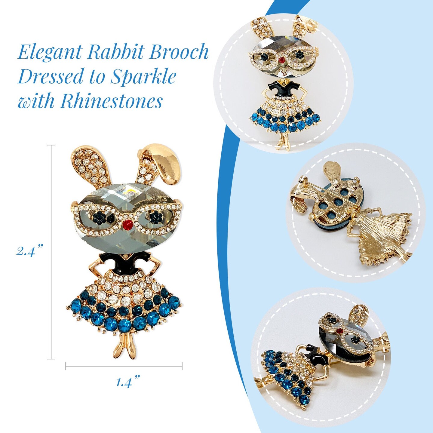 Wrapables Vintage Crystal Rhinestone Rabbit with Glasses and Skirt Brooch Pin, Blue