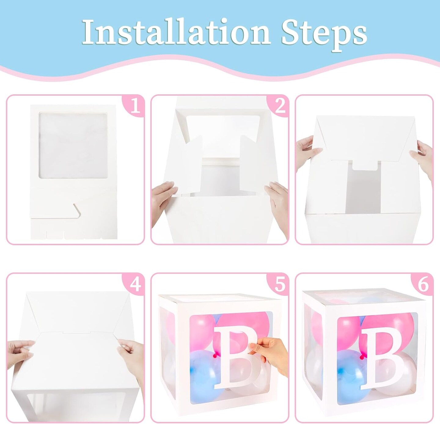 Baby Boxes with 41 Letters and 36 Balloons, 4pcs Clear Balloon Boxes for Baby Shower Gender Reveal Girl Boy Blocks Birthday Party Decorations