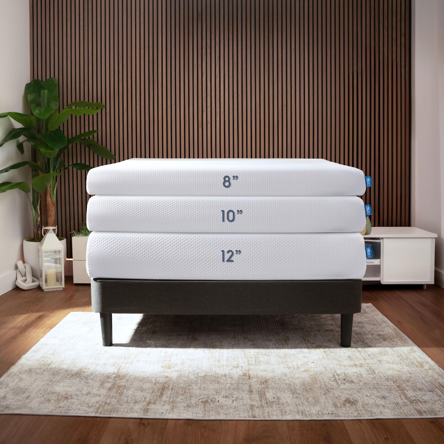 Nestl Bed Frame with Green Tea Graphite Memory Foam Mattress and Horizontal Channel Upholstered Headboard