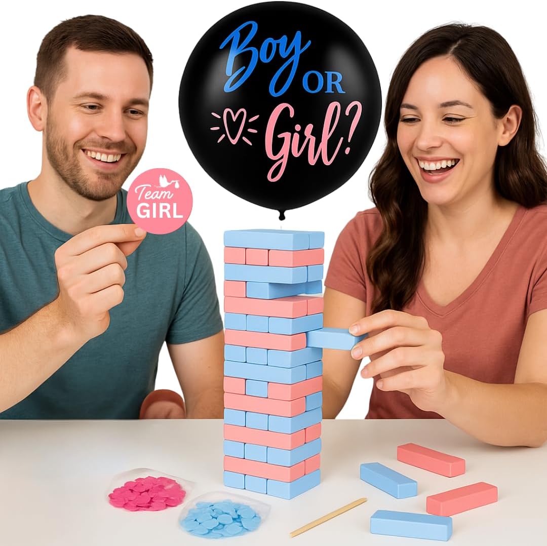 Gender Reveal Game &#x2013; Baby &#x26; Pregnancy Party Ideas With Gender Reveal Balloon &#x26; Poker, 51 Pink &#x26;&#x202F;Blue Wooden Blocks, Team Boy&#x202F;or&#x202F;Girl Stickers, Glitter | Baby Shower Games &#x26; Decorations