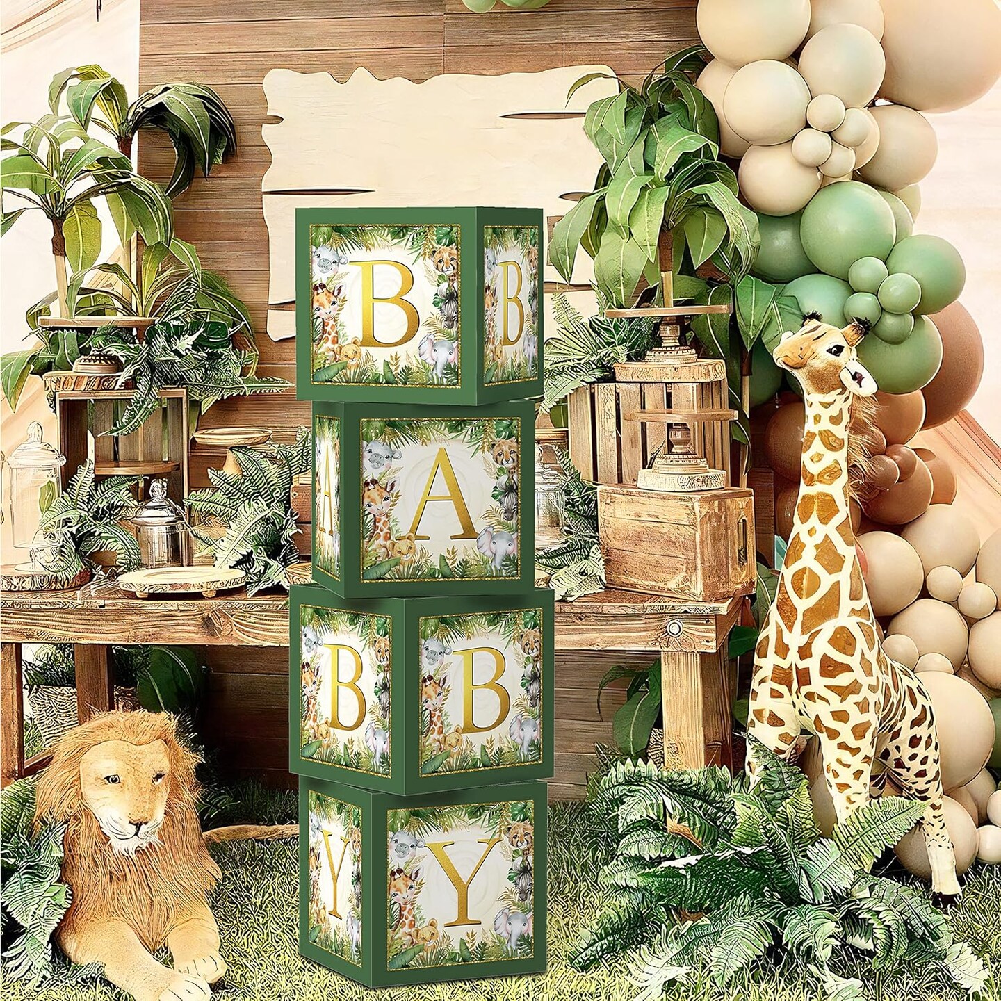 Jungle Safari Baby Boxes With Letters for Baby Shower Decorations - Animal Theme Decor Balloon Blocks for Safari Baby Shower, Gender Reveal Party Supplies (Boy/Girl)