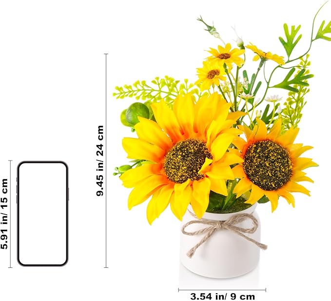 8 Pcs Artificial Sunflower Potted Plants Rustic Silk Sunflowers for Kitchen Spring Sunflower Centerpieces for Tables Yellow Fake Flower with Plastic Pot for Summer Bathroom Wedding Office
