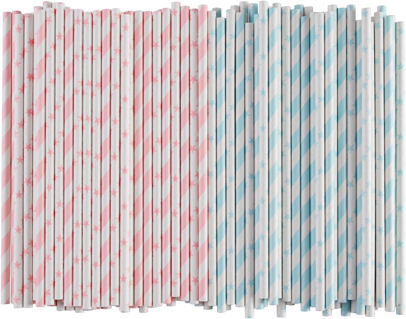 Light Pink Blue White Paper Straws Bulk, 100 Biodegradable Party Straws for Boy Girl Baby Shower, Gender Reveal, Birthday, Wedding and Celebrations