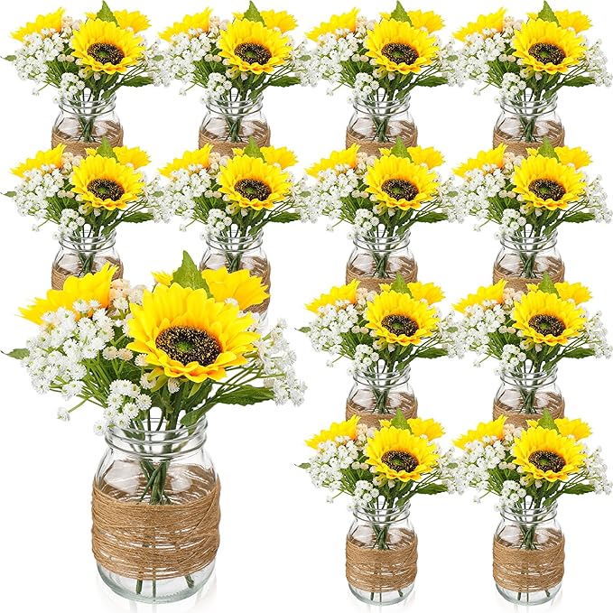 85pcs (12 Set) Sunflower Mason Jar Centerpiece Vases – Faux Floral with Rope, Boho Rustic Table Decorations for Wedding, Bridal Shower, Engagement, Reception & Party