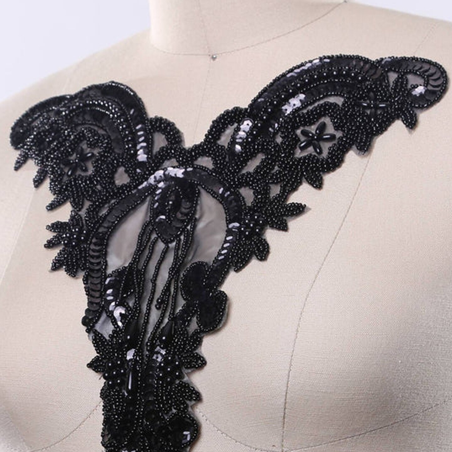 1 Piece Black Sweetheart Neckline Applique with Beaded Fringe and Sequins Iron On Patch