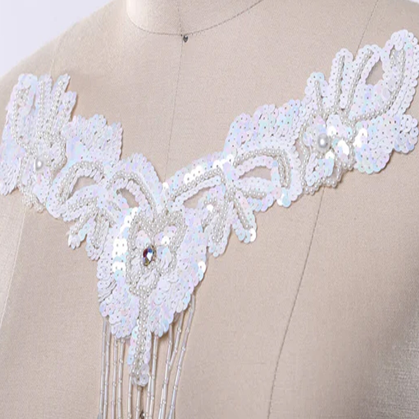 1 Piece White Sequin V Shaped Applique with Beaded Fringe and Rhinestone Embellishment