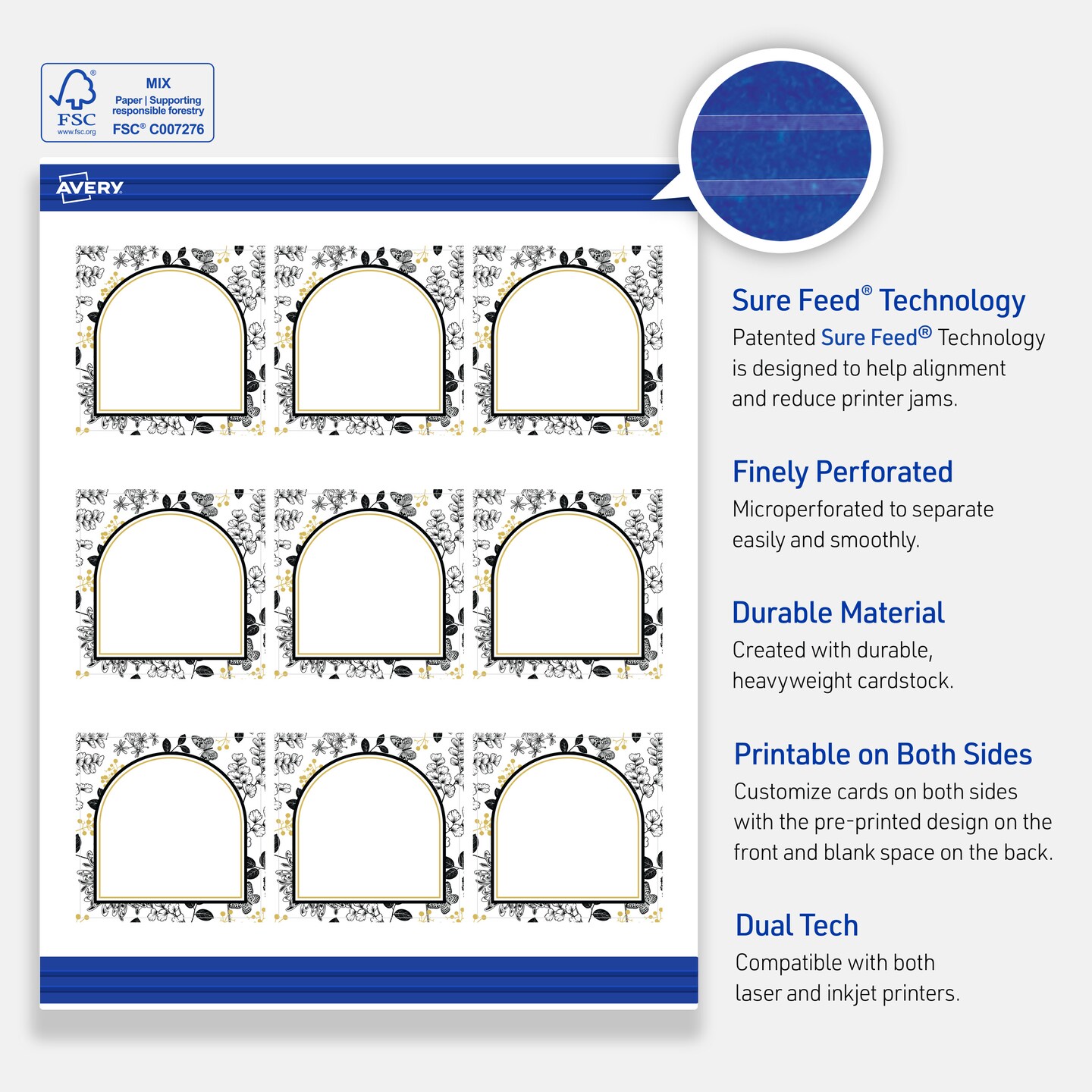 Avery Printable Square Business Cards, 2.5" x 2.5", Matte White, Pre-printed Arched Gold & Black Florals Design, Sure Feed Technology, Laser & Inkjet Compatible, 180 Total