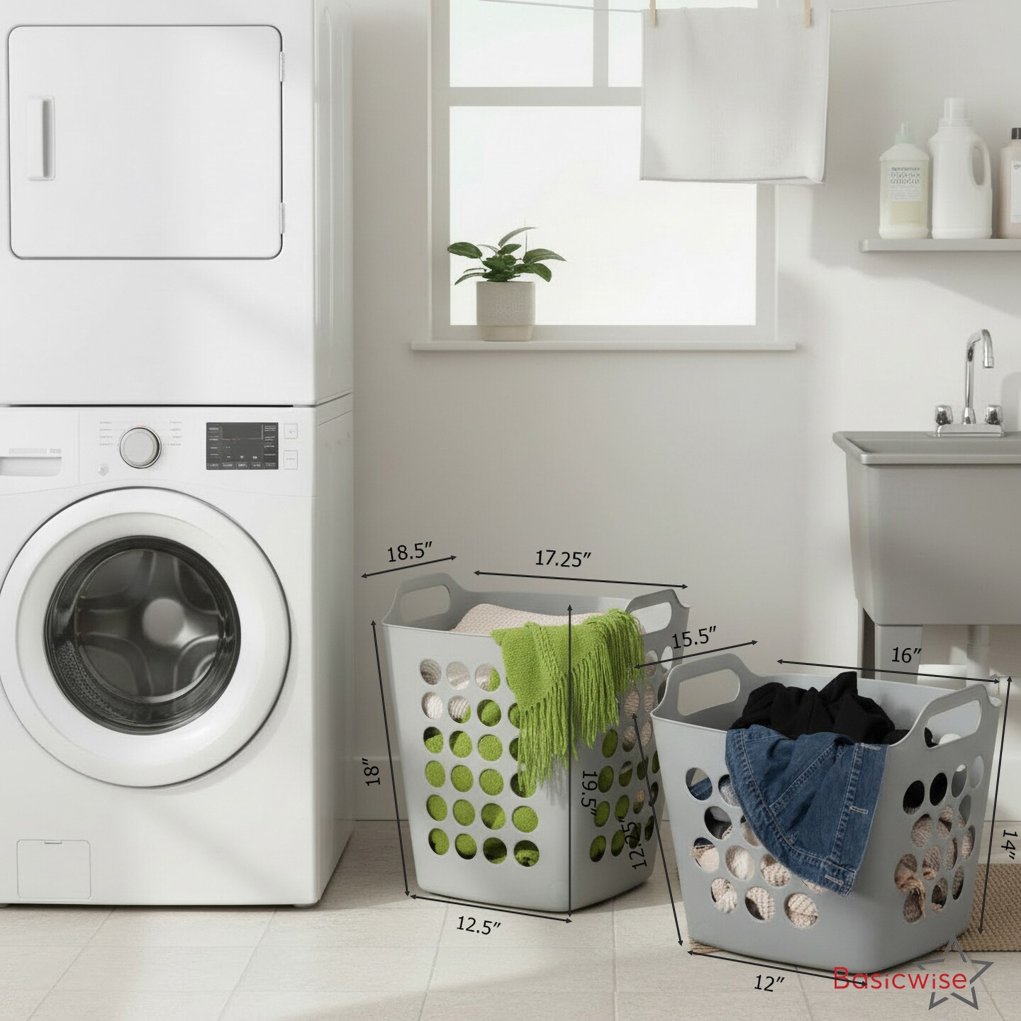 Basicwise Set of 2 Plastic Laundry Baskets with Handles Large & Small Ventilated Hampers for Clothes Storage & Organization Lightweight Stackable Bins for Bedroom Bathroom Dorm and Washing Area