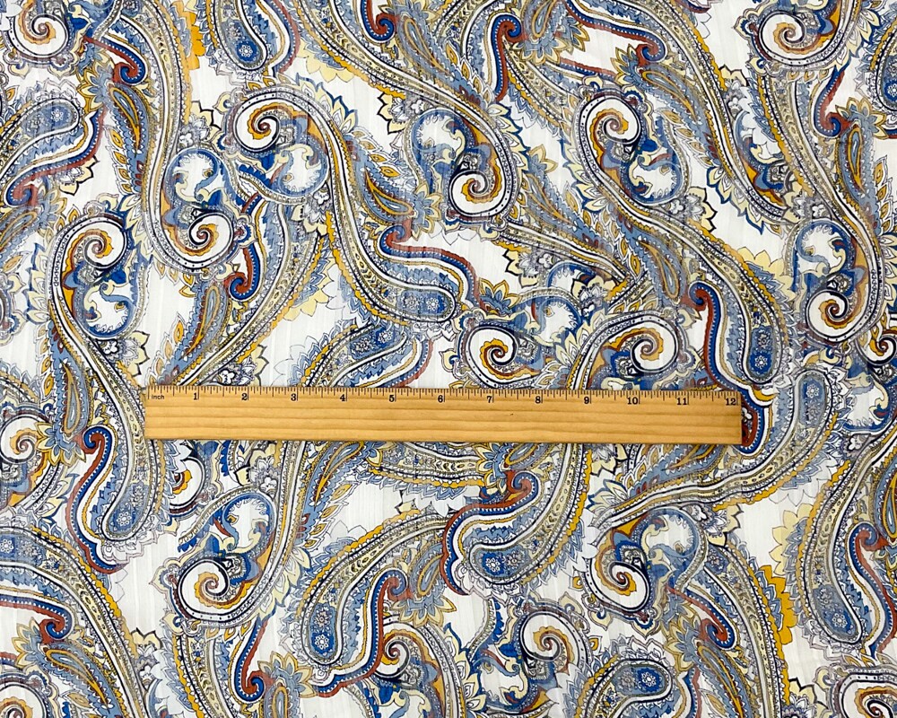 Blue-Multi Poly Paisley Printed Satin Stripe Chiffon Woven Fabric By the Yard