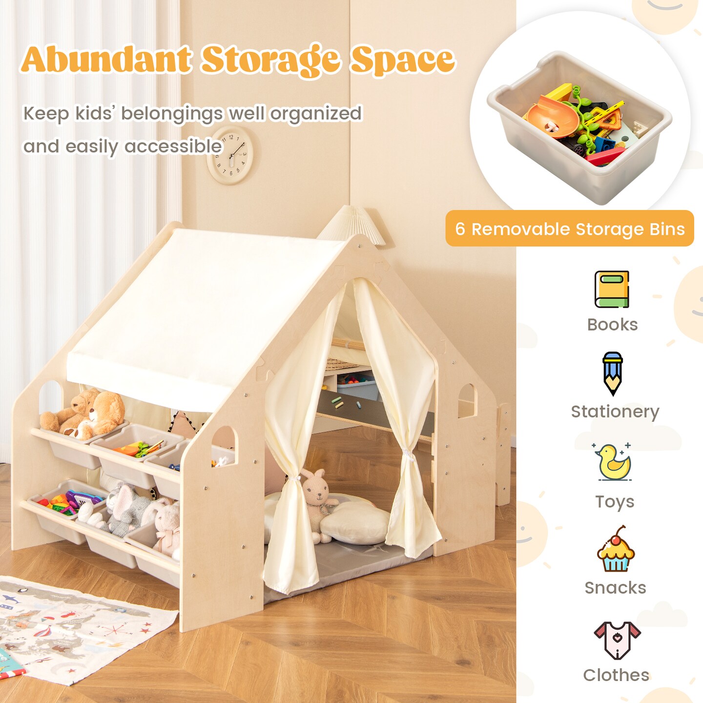 Kids 6-in-1 Playhouse Tent with Blackboard, Storage Bins and Floor Cushion