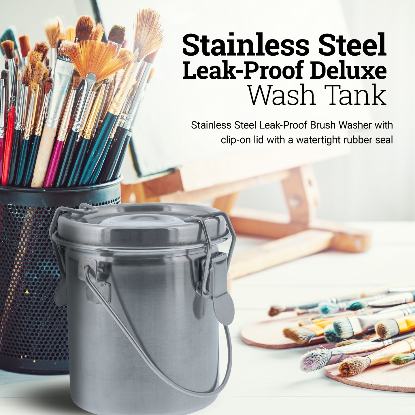Stainless Steel Leak-Proof Deluxe Paint Brush Washer with Wash Tank, Clip-On Lid, and Strainer Cup - Oil Paint Brush Cleaner for Artists