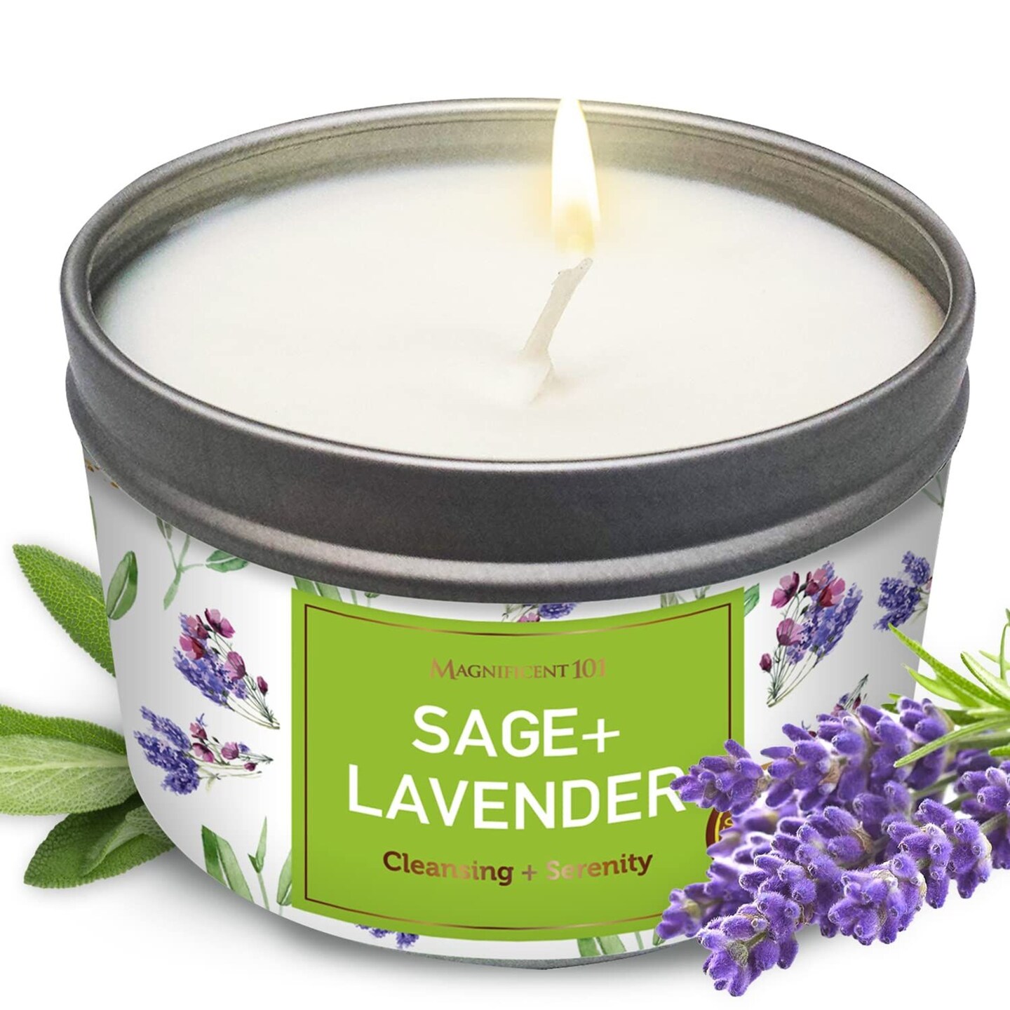 Magnificent 101 Long-Lasting Sage+Lavender Smudge Candle | 6 Oz - 35-Hour Burn | Made of Soy Wax, Sage &#x26; Lavender | House Energy Cleansing &#x26; Manifestation