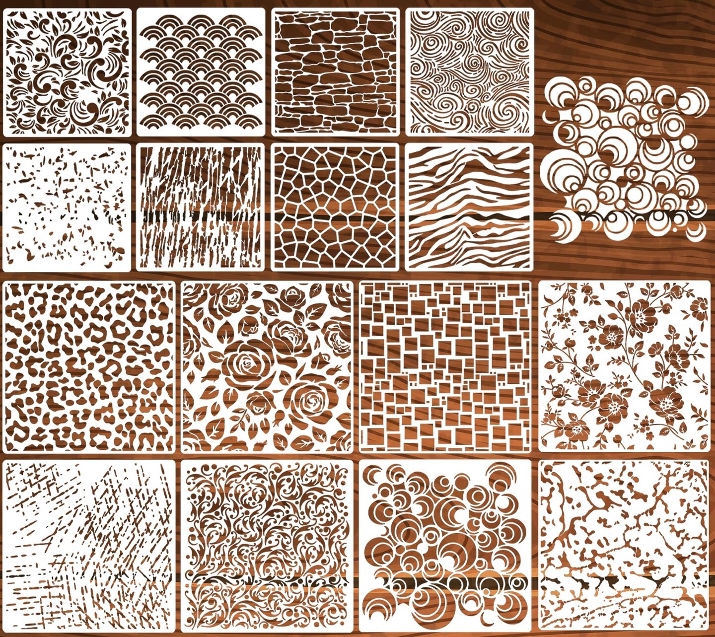 Stencils for Crafts Reusable Texture Stencils for Painting Floral/Leopard/Brick Stencil Mixed Medium Drawing Templates for Wood Furniture Wall Fabric Canvas Paper DIY Decor&#xFF08;16p/6+12in&#xFF09;