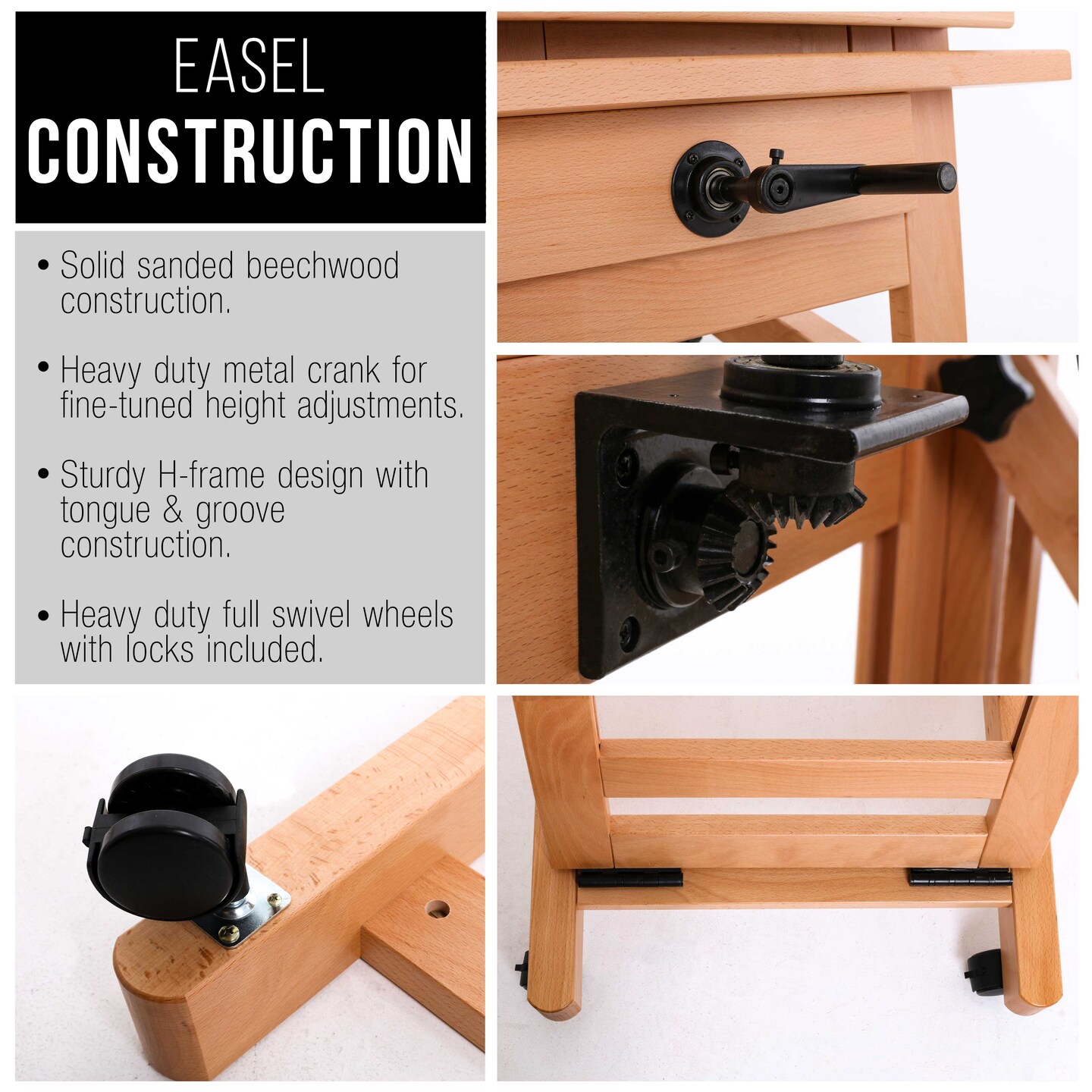 Double Rocker Crank Heavy Duty Extra Large Wooden Studio Floor Standing Easel - Double Mast Adjustable H-Frame Art Easel for Painting, Canvas Holder, Display Stand with Locking Wheels