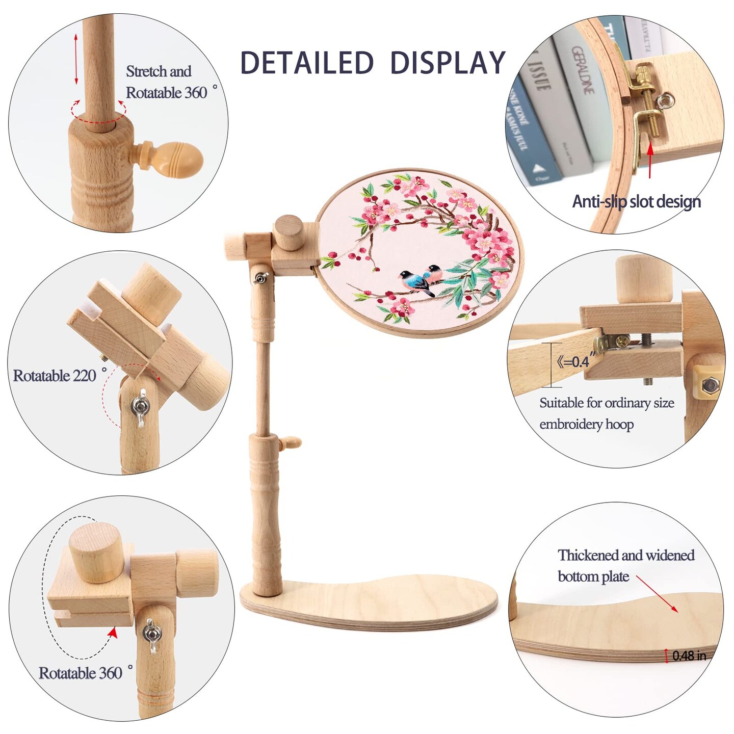 Beech Wood Adjustable Rotated Embroidery Hoop Stand with 2 Pcs 6'' 8'' Embroidery Hoops, Wooden Embroidery Stand, Embroidery Hoop Holder for Cross Stitch and Embroidery Project (A)