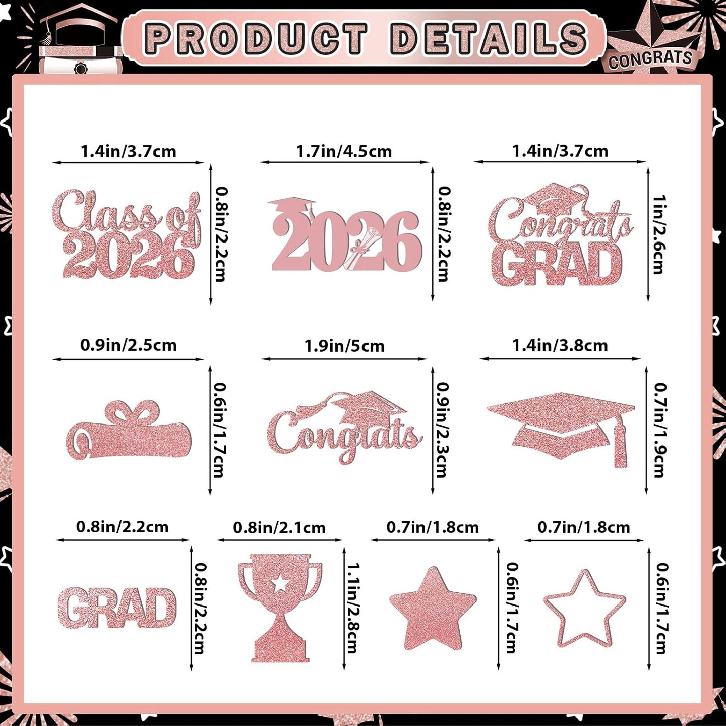 200PCS Rose Gold Glitter Graduation Confetti Class of 2026 Class of 2026 Graduation Party Decorations Grad Table Decorations for 2026 Grad Party Supplies