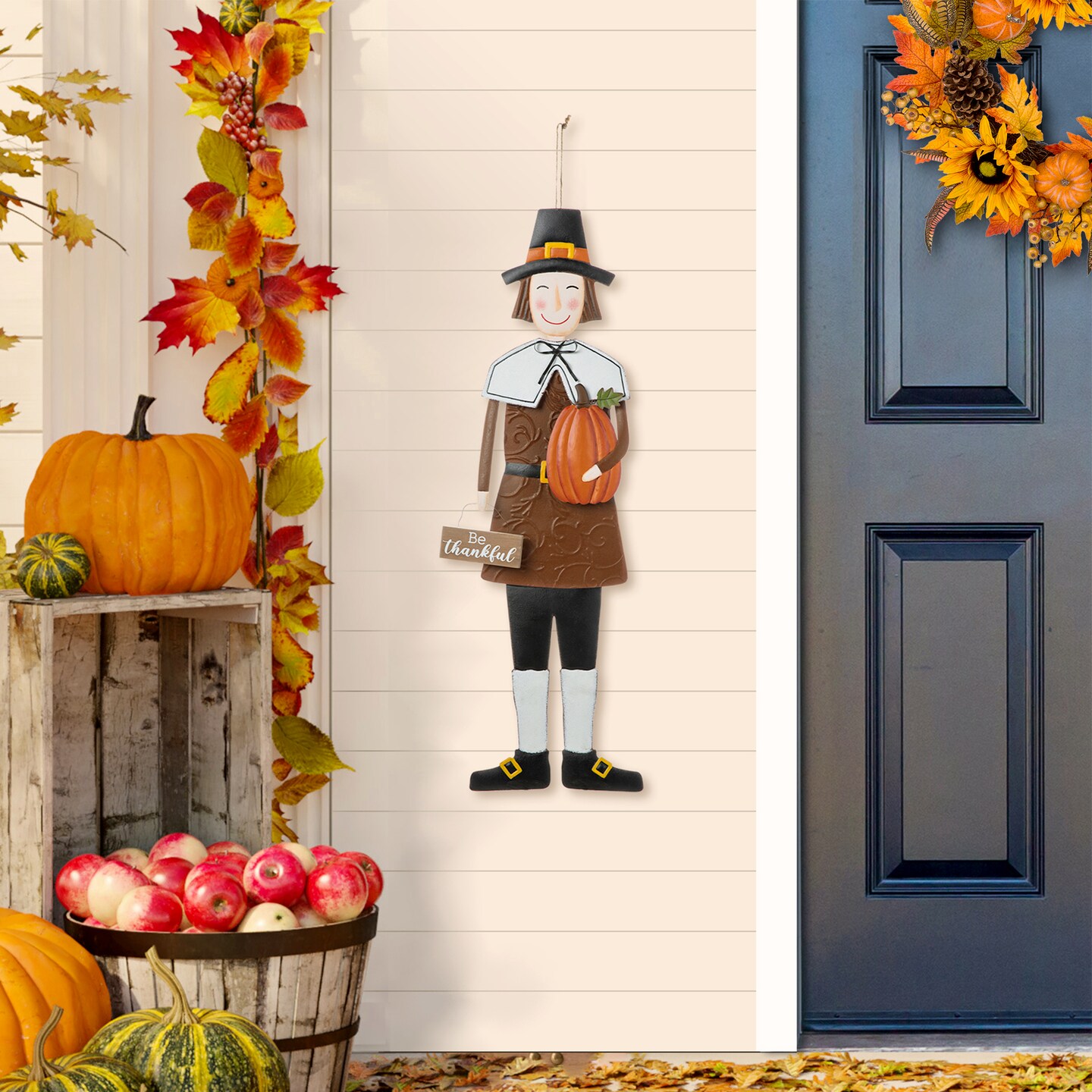 36&#x22;H Metal Boy Thanksgiving Pilgrim Yard Stake, Standing Decor or Hanging Decor (KD, Three function)