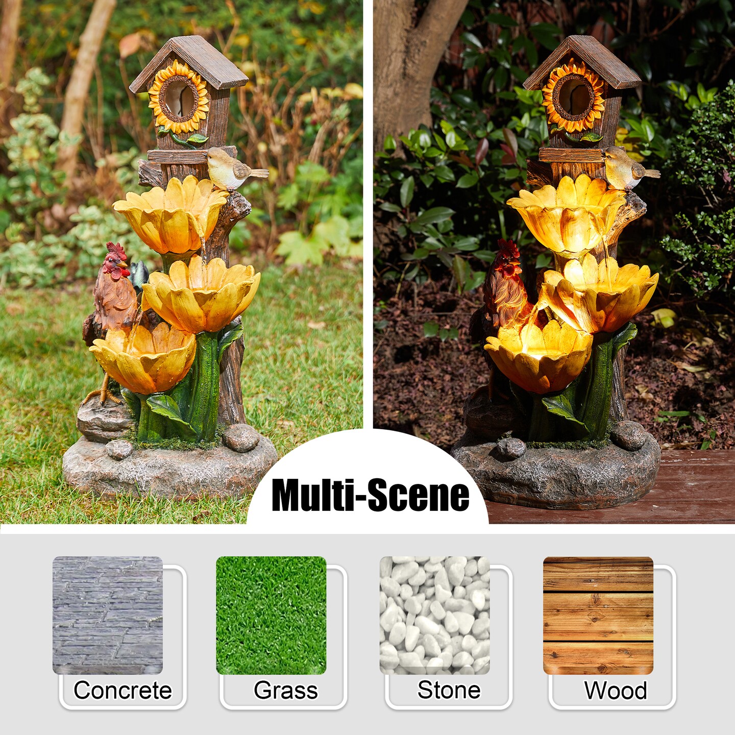28.5&#x27;&#x27;H Farmhouse Sunflowers and Birdhouse Polyresin Outdoor Fountain with Pump and LED Light