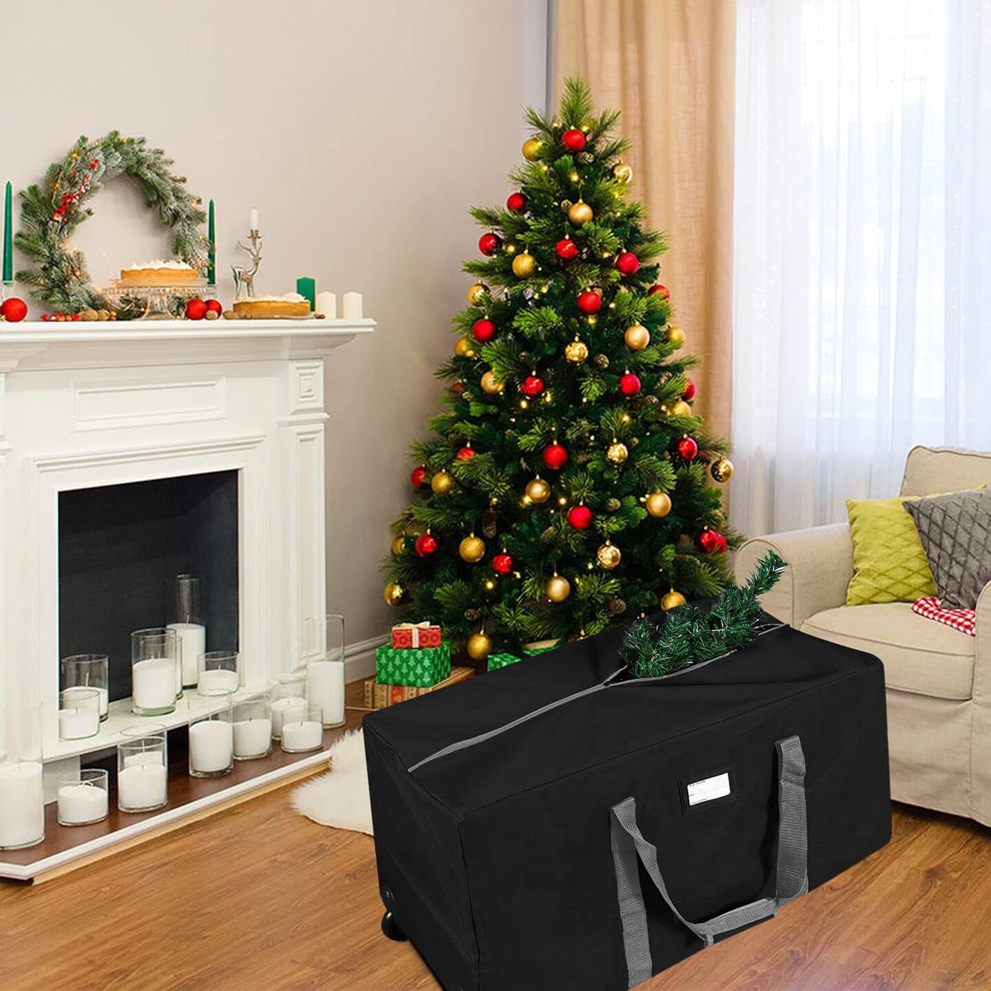Rolling Christmas Tree Storage Bag, Fits Up to 7.5 Ft. Tall Disassembled Holiday Tree, 22&#x22; x 16&#x22; x 50&#x22;, Large Heavy Duty Xmas Storage Container with 2 Wheels &#x26; Handles, 600D Oxford (Black)
