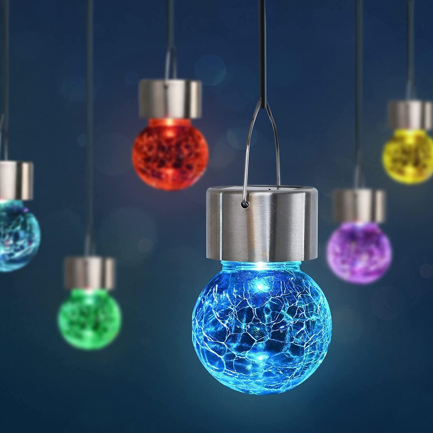 8 Pack Solar Hanging Lights, Christmas Decoration Lights with Multi-Color Changing Cracked Glass Hanging Ball Solar Outdoor Lights Waterproof Solar Lanterns for Garden, Yard, Patio, Lawn