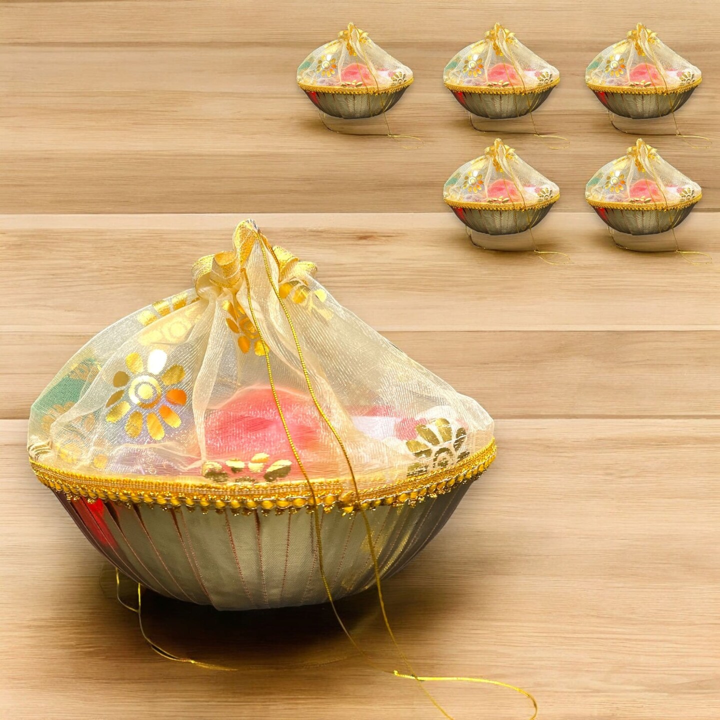 5ct 8 Inches Handmade Decorated Gift Basket with Readymade Net Packing for Indian Wedding Baby Shower Engagement Diwali Housewarming Return Gifts - Baskets for Storage