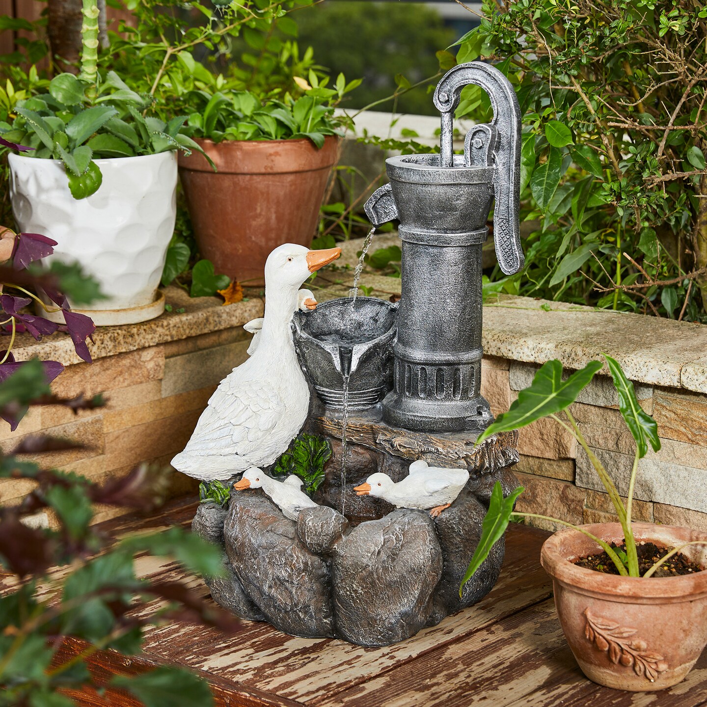 23.50"H Cute Duck Family Playing Around the Water Pump Polyresin Outdoor Fountain with Pump and LED Light