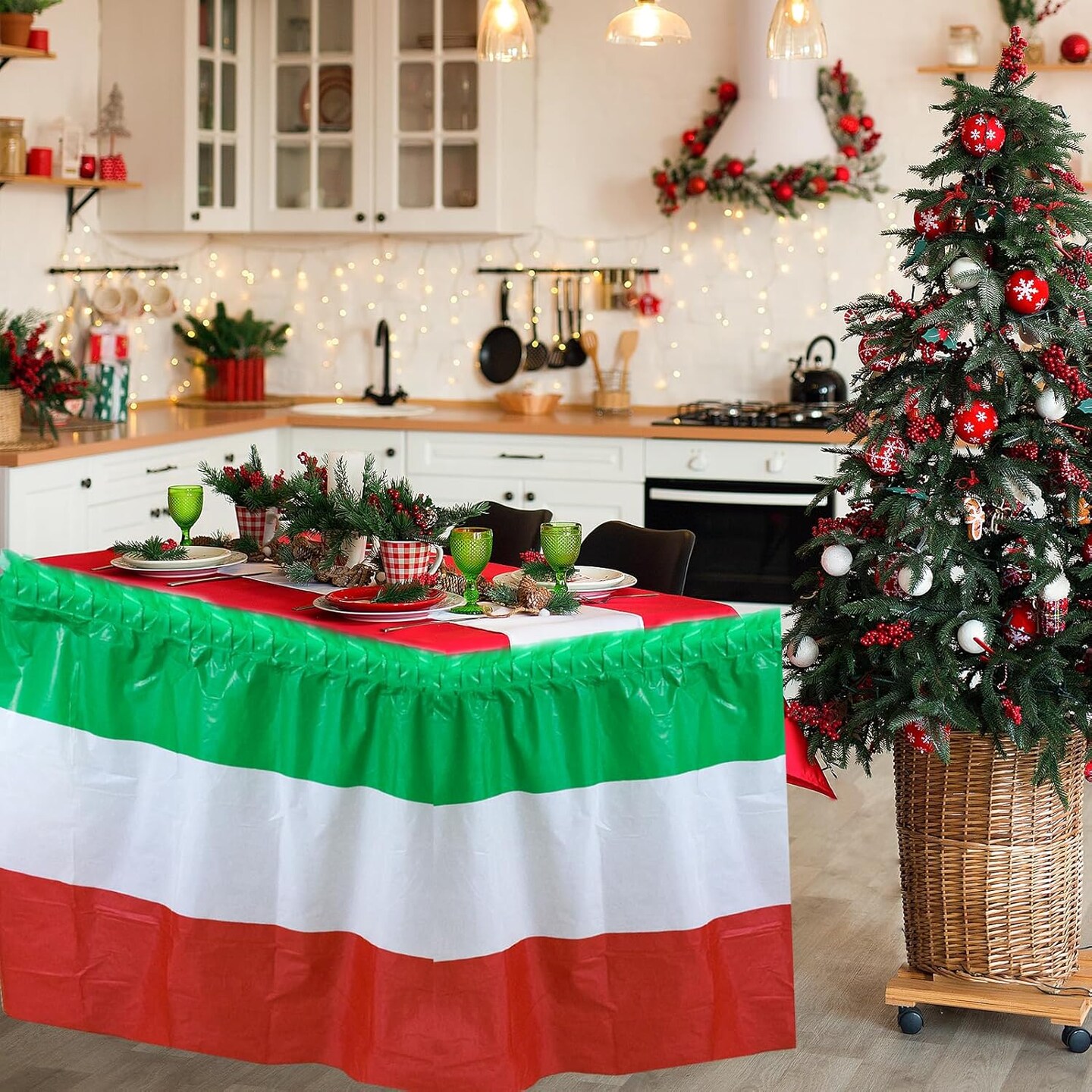 2 Pack Christmas Table Skirts Xmas Table Skirts Red White and Green Table Skirts for Rectangle Table Disposable Table Skirts for Christmas Birthday Table Skirt Party Decorations 2.4 x14 Ft