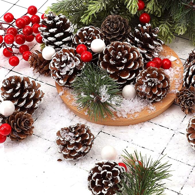 115Pcs Christmas Pine Cones Berry Pine Branch Set White Christmas Decorations for DIY Crafts Home Xmas Tree Gift Party Supplies, Assorted Sizes