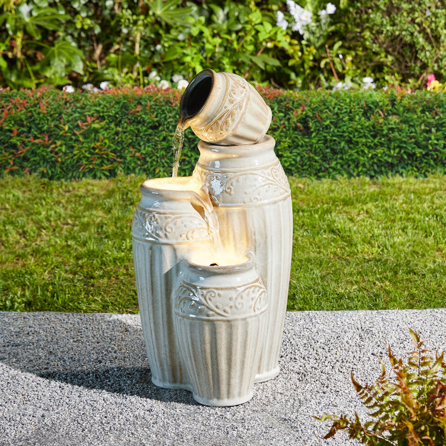 27.25&#x22;H Embossed Pattern Ceramic Pots 4-Tier Outdoor Fountain with LED Light, Includes Pump, Multiple Colors
