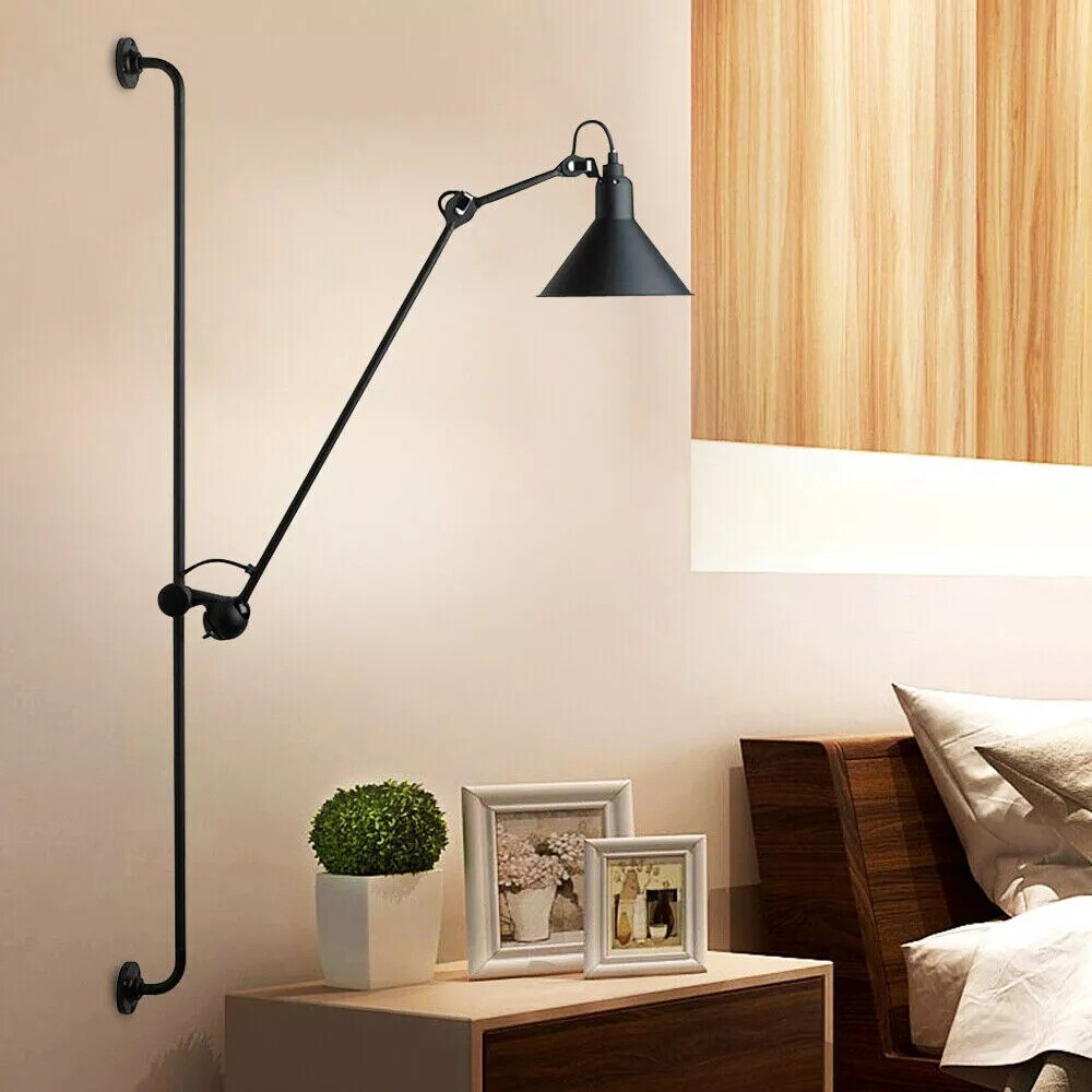 Adjustable Black Rocker Wall Lamp Wall Sconce Long Arm LED Bedside Light Fixture