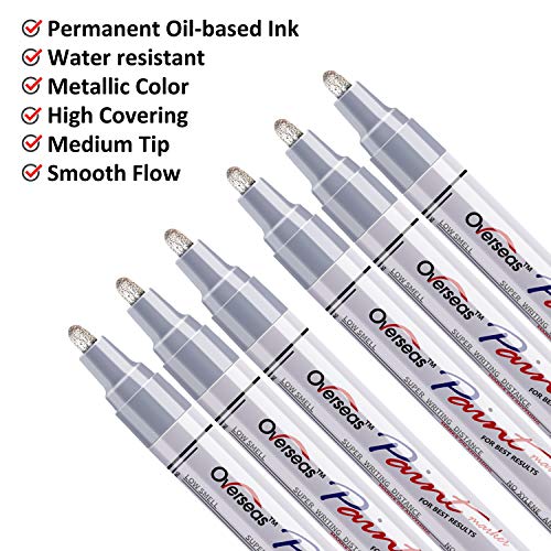 6 Silver Paint Markers Pens - Permanent Oil Based Metallic Paint Pen, Medium Tip, Quick Dry and Waterproof Marker for Rock, Wood, Fabric, Plastic, Canvas, Glass, Mugs, Canvas