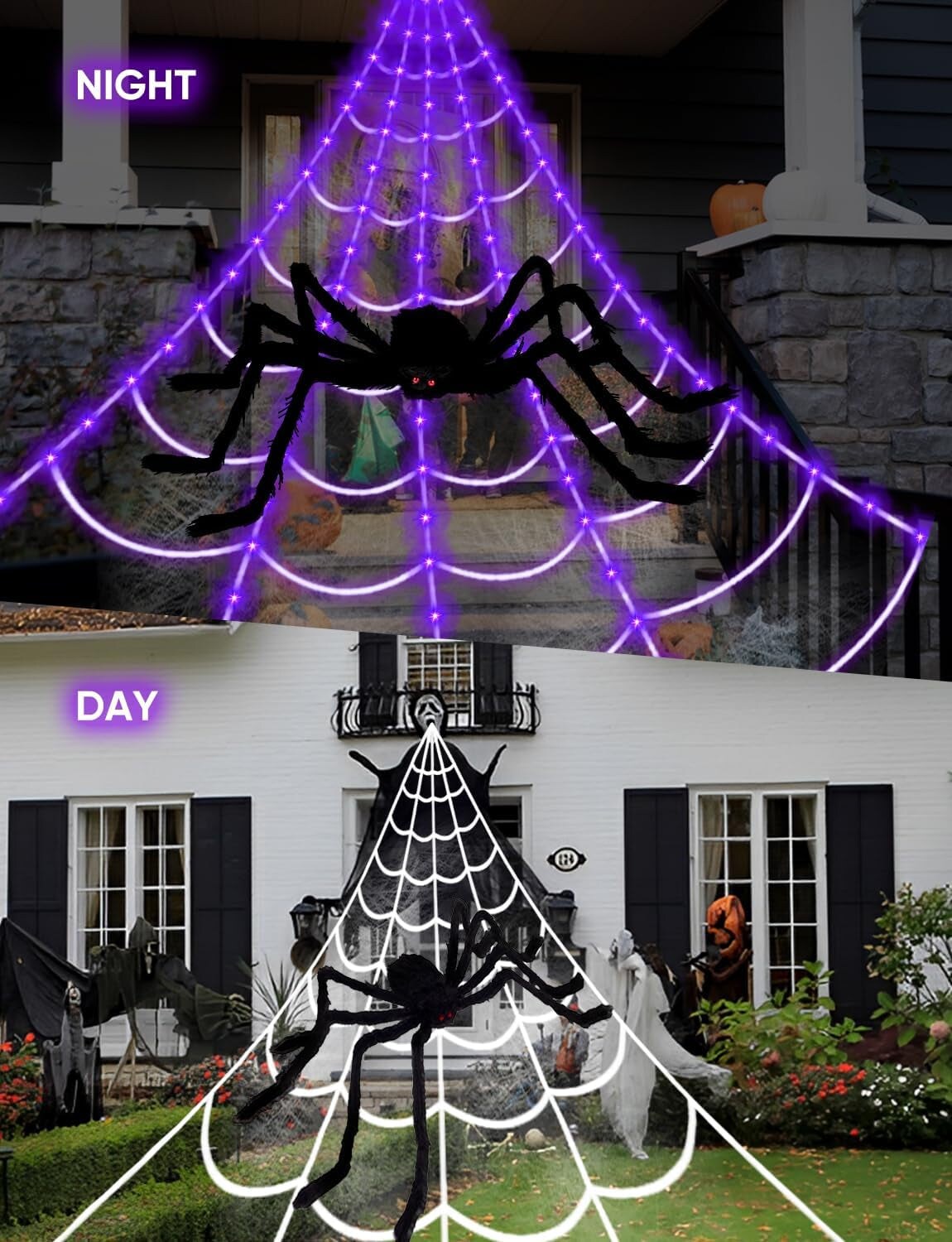 Spider Webs Halloween Decorations Lights - 250 Leds 16.4Ft Outdoor Battery Operated String Purple Halloween Lights with 8 Modes Remote Control Spiderweb,60&#x22; Large Spider,Waterproof (Purple)