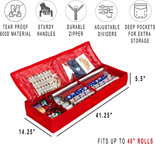 Storage Container – Fits up to 27 Rolls 1 3/8” Diam. - Underbed Gift Wrap Organizer Bags, Wrapping Paper Rolls, Ribbon, and Bows - Under Bed- Durable Material 600D - Up to 40" Rolls
