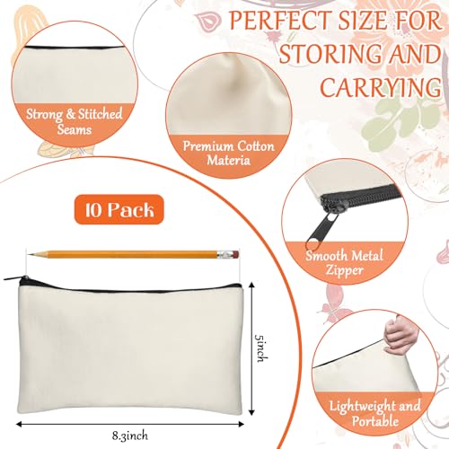10 Pieces Blank DIY Craft Case Blank Makeup Bags- Beige Canvas Pencil Pouch Bulk Cosmetic Bag Multi-Purpose Travel Toiletry Zipper Bags (8.3 &#xD7; 5 Inch)