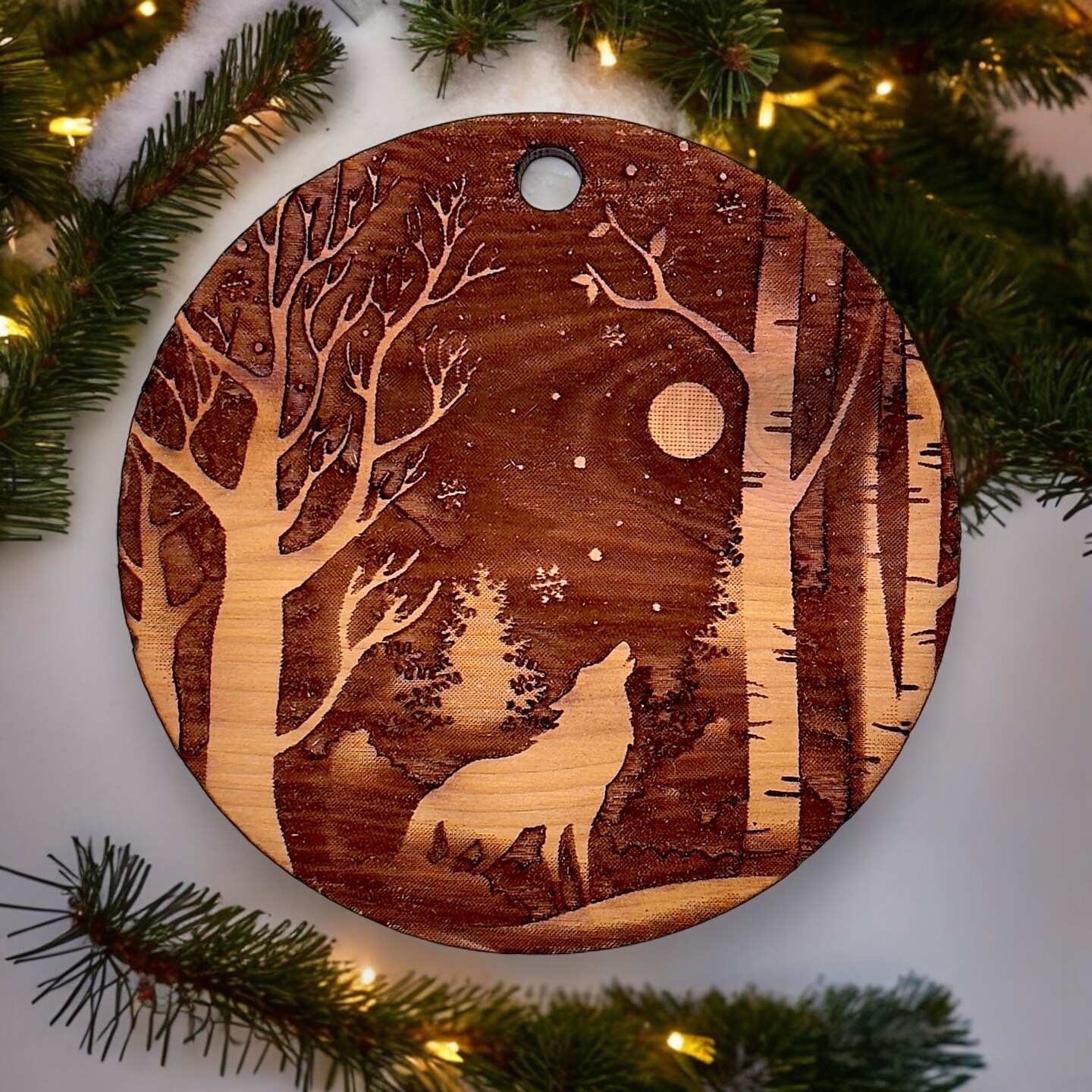 Winter Wolf - Raw Cedar Ornament 3x3in