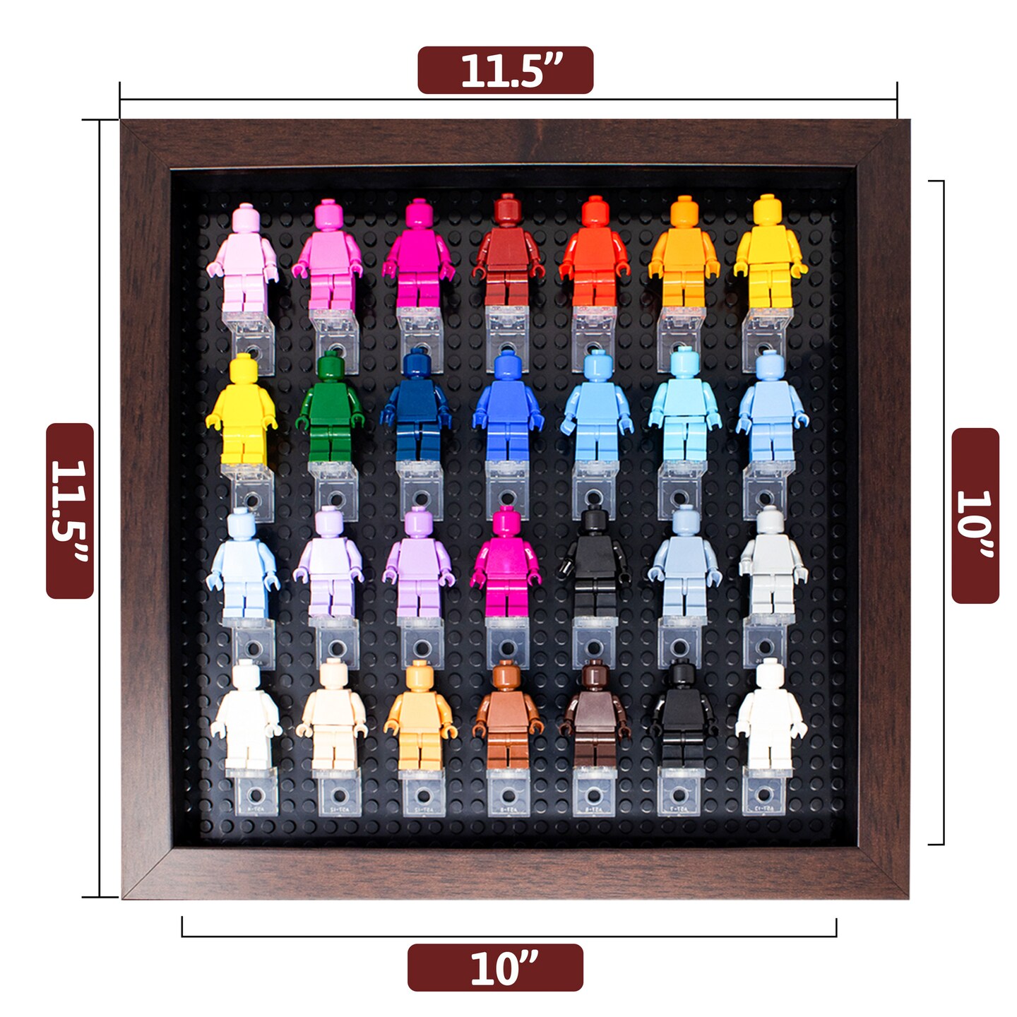 12x12 Wood Shadow Box Display Case Frame for Block Figures | Holds up to 28 Figurines - Display Brackets Included | UV Acrylic and  Black Base