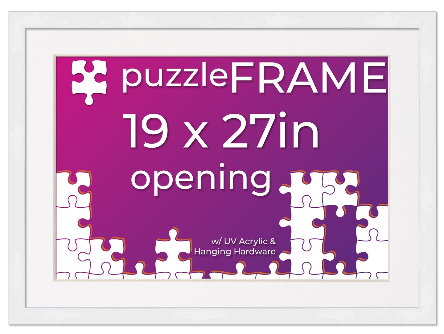 White Wood Puzzle Frame Kit with Glue Sheets, White Mat, Backing, UV Acrylic - Available in 20 Popular Sizes