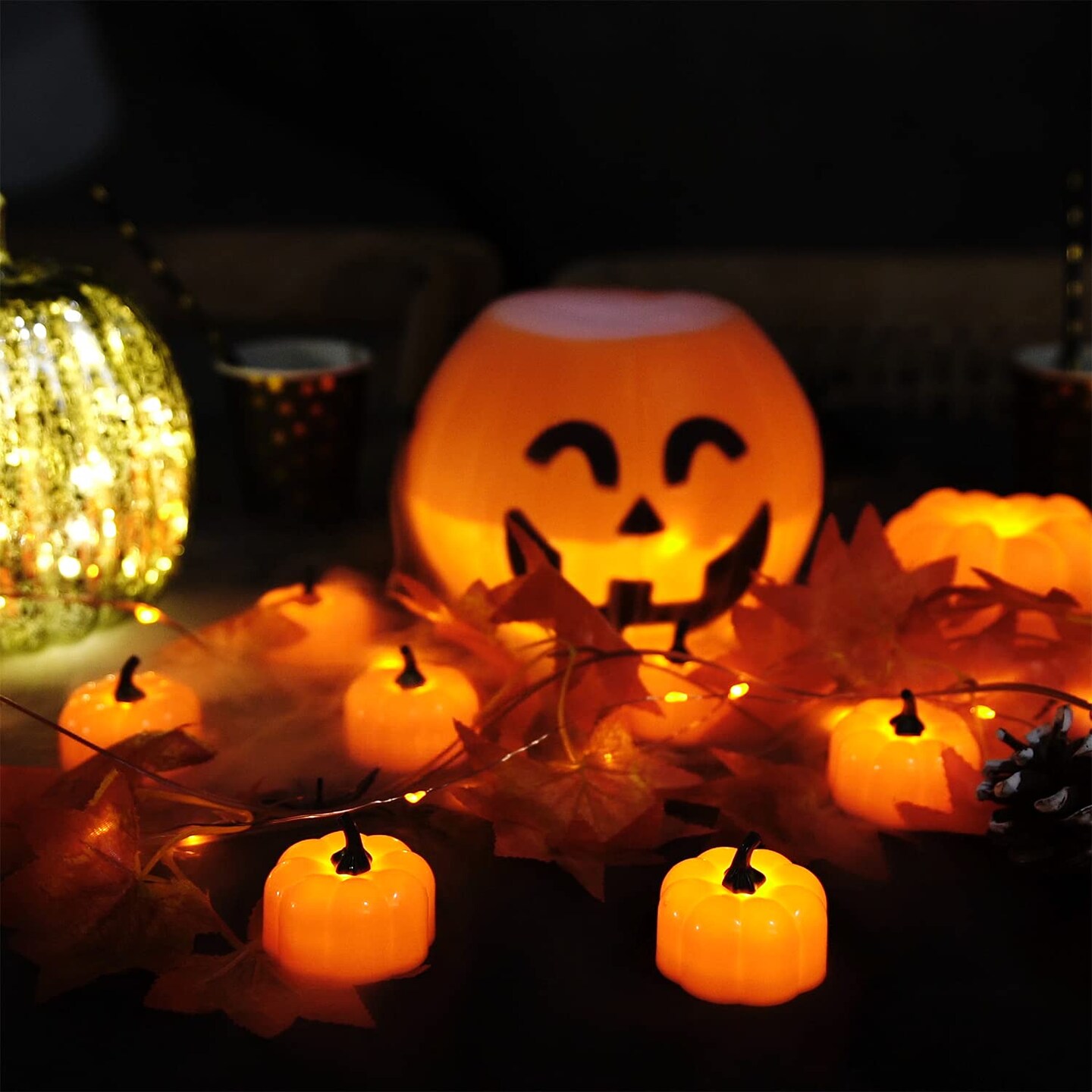 12 Pieces LED Pumpkin Lights, Halloween Pumpkins Battery Operated, Pumpkin Tea Lights, Light Up Jack O&#x2019; Lanterns for Halloween Decoration, Orange