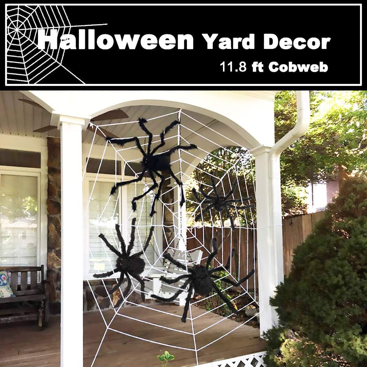 Halloween Spider Decorations, Halloween Scary Giant Spider Set with 4 Large Fake Spider, Spider Web, 20 Small Plastic Spiders, Cobwebs for Window Wall and Yard Outdoor Halloween Decor