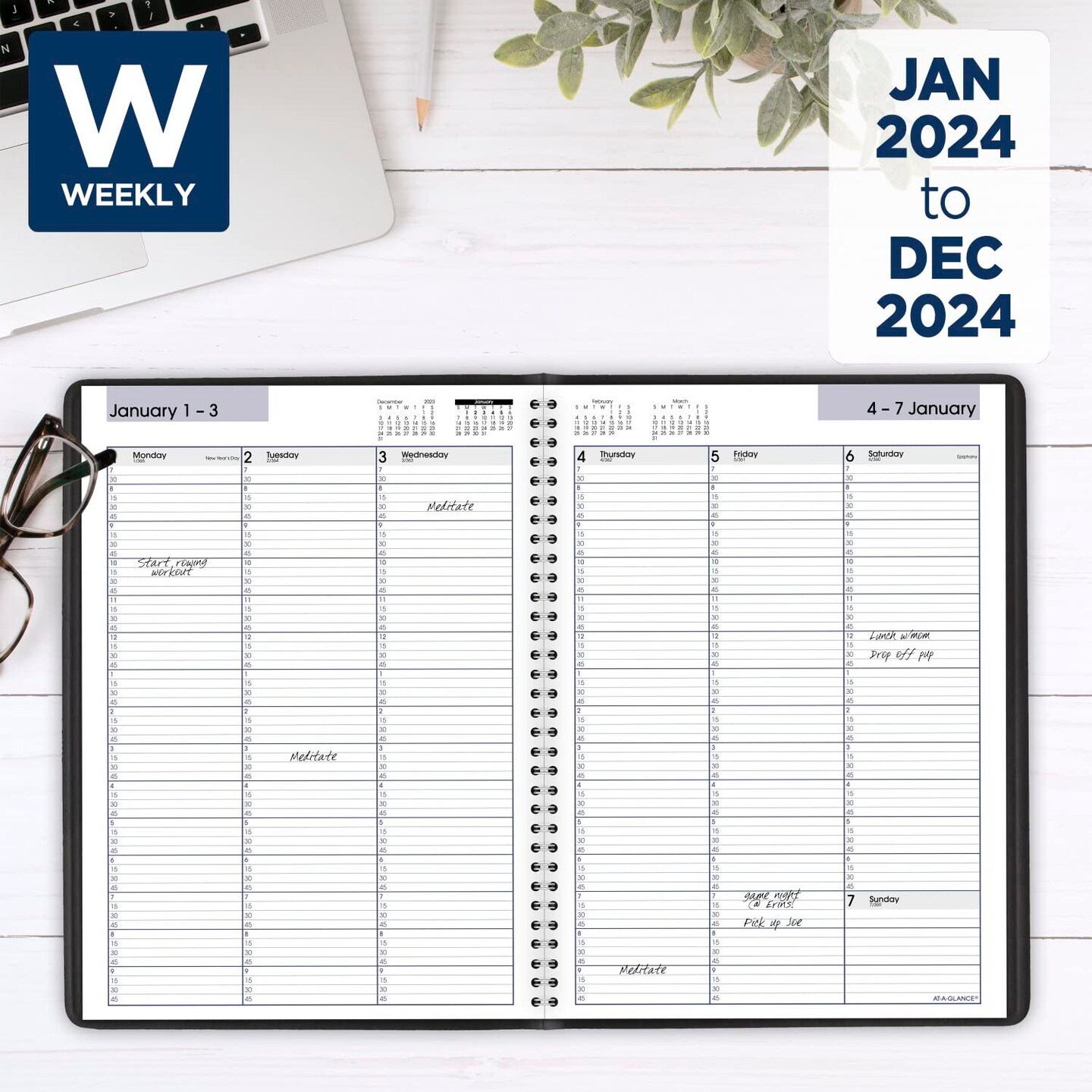 2024 Weekly Planner, DayMinder, Quarter-Hourly Appointment Book, 8&#x22; x 11&#x22;, Large, Black (G5200024)